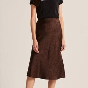 Abercrombie & Fitch Dark Brown Polka Dot Satin Midi Skirt